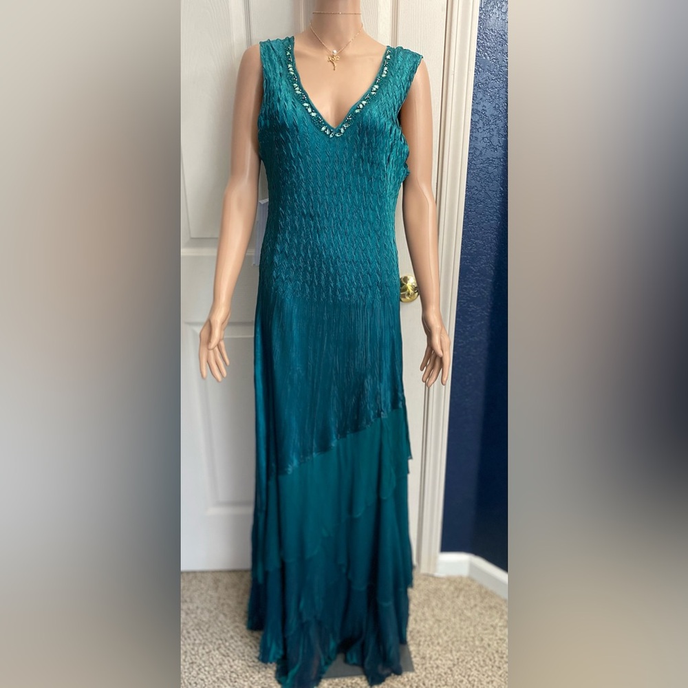 Coldwater Creek Teal Maxi Dress with Embellished Neckline